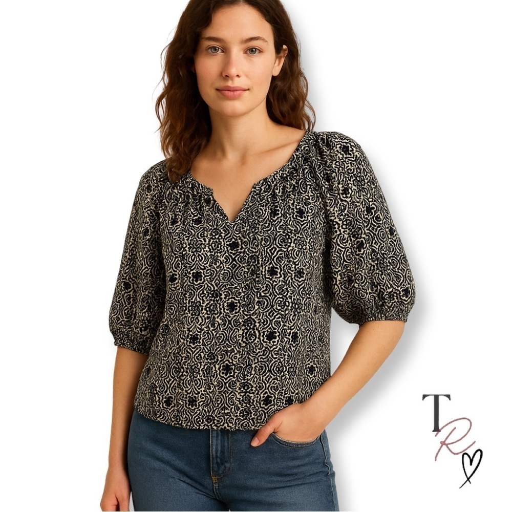 GAP Black & White Boho Floral Metallic Print Puff Sleeve Blouse Size Large